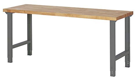 STIER Höhenverstellbare Werkbank Premium, 200x70x79-114cm, pulverbeschichteter Stahl und Buche, perfekt für vielseitige, ergonomische Arbeitsplatzgestaltung in Werkstätten