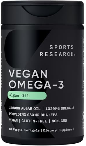 Sports Research Vegan Omega-3 Fish Oil Alternative from Algae Oil - Highest Levels of Vegan DHA & EPA Fatty Acids | Non-GMO Tested & Vegan Certified - 60 Veggie Softgels (Carrageenan Free)