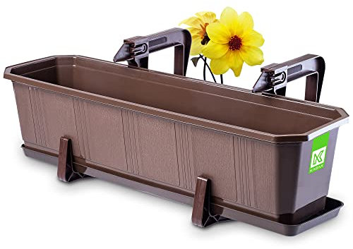 KADAX Jardinera Elegante con Plato y Soporte Robusto para Barandilla de Balcón, Maceta Rectangular de Plástico, Macetero Colgante (Marrón, 60 cm)