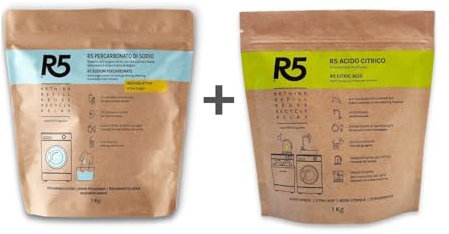 R5 Acido Citrico + Percarbonato di Sodio 1Kg + 1Kg – Ecologico per Pulizia Lavatrice, Lavastoviglie, anticalcare, ammorbidente, sbiancante, igienizzante, cura e manutenzione elettrodomestici