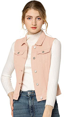 Allegra K Gilet en Denim Délavé Boutonné Femme Veste en Jean sans Manches avec Poches à Rabat Rose L