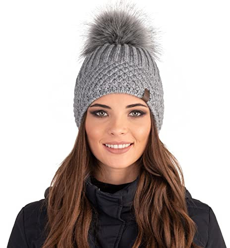 Vivisence Wintermütze Mit Bommel Damen Perfekte Passform Warmes Bommelmütze Herbst Frauen Mütze Für Winter Aufgerolltem Design Für Extra Wärme Ideal Für Kalte Wintertage Modell, Hellgrau,Einheitsgröße