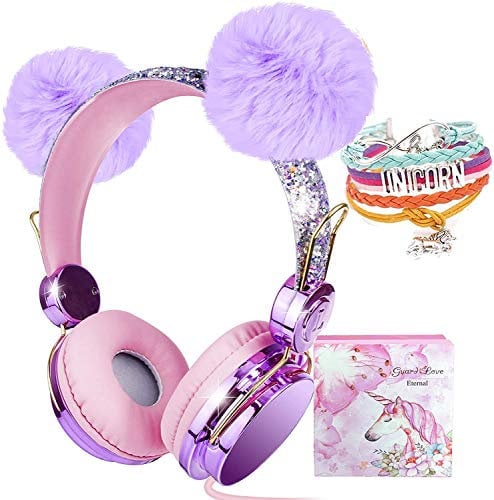 JYPS Kids Headphones, Purple POM POM Bear Ear headphones with Adjustable Headband, Sparkly Rhinestones, Over Ear Headphones for w/Mic for Girls/Teens/School/Kindle/Tablet/PC (Wired)