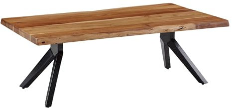 FineBuy Couchtisch 115x37x64 cm Akazie Massivholz/Metall Baumkante, Design Sofatisch Eckig, Stubentisch Industrial Braun, Wohnzimmertisch Holz Rechteckig