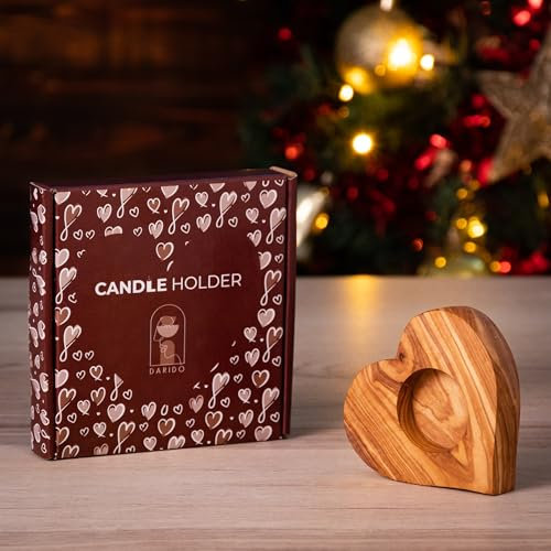 DARIDO Teelichthalter aus Olivenholz - 10x10x2cm - handgefertigter Herz Kerzenhalter, romantische Dekoration - Wohnzimmer, Bad, Abendessen - Valentinstag Dekoration