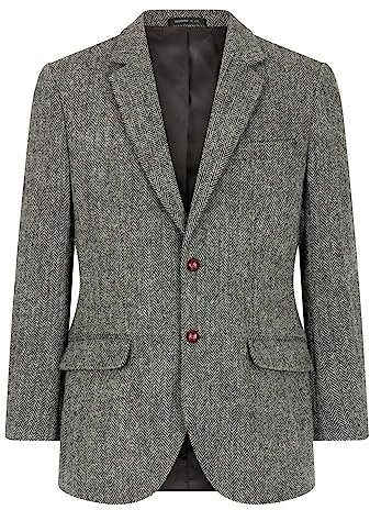 WALKER AND HAWKES Herren Country-Blazer - Klassisch Schottische Jacke aus Harris-Tweed - Fischgrätmuster - Stahlgrau - EU 50 (UK 40)