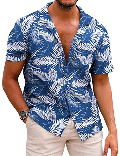 COOFANDY Hawaiian Shirt for Men Floral Beach Short Sleeve Shirt Mens Button Down Summer Shirts Blue A- Palm Leaf XL