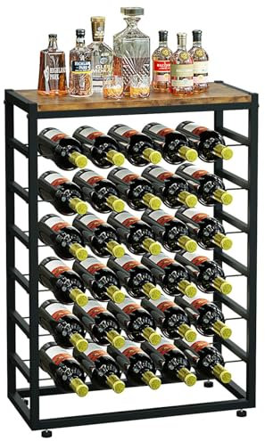 YOLEO 30 Bottles Floor Wine Rack with Wood Top, 6-Tiers Freestanding Wine Bottle Organizer Shelf, Sturdy Metal Bottle Display Holder for Kitchen Pantry (L59x W30x H88cm)