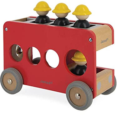 Janod - Camion de Pompiers en Bois Massif Bolid - 4 Pompiers Inclus - Roues Silencieuses - Imagination et Motricité Fine - Certifié FSC - Peinture à l'Eau - Dès 2 Ans, J04632