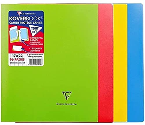 Clairefontaine 951412AMZC - Packung mit 4 Heften Koverbook, 17 x 22 cm, 48 Blatt, französische Lineatur, 90 g, Einband 100 % recycelt, farbig sortiert, 1 Pack