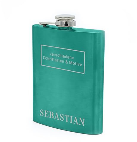 Flachmann mit Namens Gravur, Edelstahl, individuelle Geschenkidee zur Hochzeit, zum Geburtstag oder mehr! (türkis)