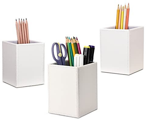 GORESE Porte-stylo en Cuir, Carré Pot a Crayon Boîte à Stylo de Bureau Multifonctionnel Organisateur de Bureau Stylo Tasse Organisateur Porte-pinceau de Maquillage 3 Pièces (Blanc)
