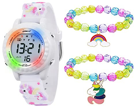 HMJIA 3D Cartoon Design Armbanduhr für Kinder Jungen und Mädchen 3ATM Wasserdicht Kinderuhr mit Wecker/Datum/Stoppuhr/LED (LED Weiße Einhorn)