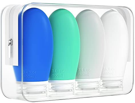 Morfone 100ml Silicone Travel Bottle for Toiletries, 4 Pack Leak Proof Refillable Squeezable Containers for Lotion Liquid Shampoo, BPA Free and TSA Approved Travel Accessories(Grey Blue)