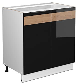 Vicco Spülenunterschrank Fame-Line, Schwarz Eiche Hochglanz/Weiß, 80 cm mit Regal, ohne Arbeitsplatte