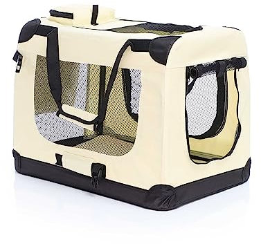 Fudajo Faltbare Transportbox für Hunde, Katzen S (50x35x35cm), robust, leicht, sicher, Hundebox mit Tragegriff und Decke, Beige