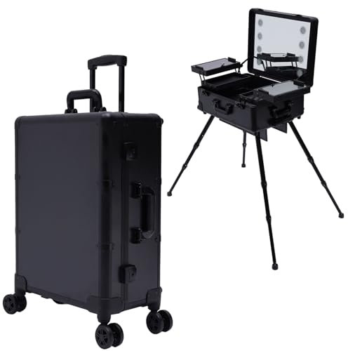 Mallette de maquillage avec éclairage et miroir, grande valise de maquillage avec pieds réglables, Noir , Valise cosmétique à roulettes