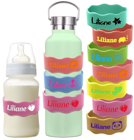Custom Baby Bottle Labels for Daycare Silicone Water Bottle Name Bands Personalised Reusable Baby Bottle Straps for Kids Cups School(Pink)