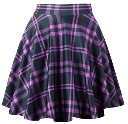 Dressever Damen Basic Vielseitige Dehnbaren Informell Casual Mini Hohe Taille A-Linie Tennisrock Tanzrock Purple Plaid Small