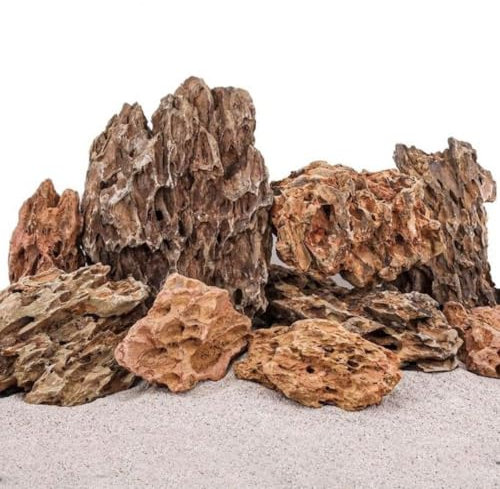 AquaOne Aquarium Steine Drachensteine 10kg Mix I Natursteine Dragon Größe S bis XL I Aquascaping Gestein I Felsen Dekoration I Pagode Rückwand braun