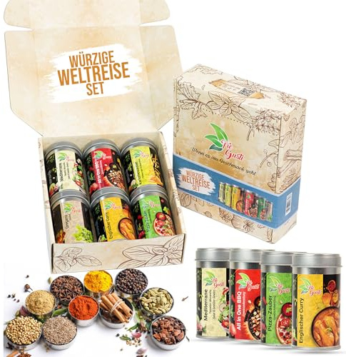 TreGusti 6er Gewürze Geschenkbox | Valentinstag Geschenkidee für Männer & Frauen | Premium Gewürzeset | Gewürzmischungen aus aller Welt Set | Exotische Weltreise | XXL - 800g