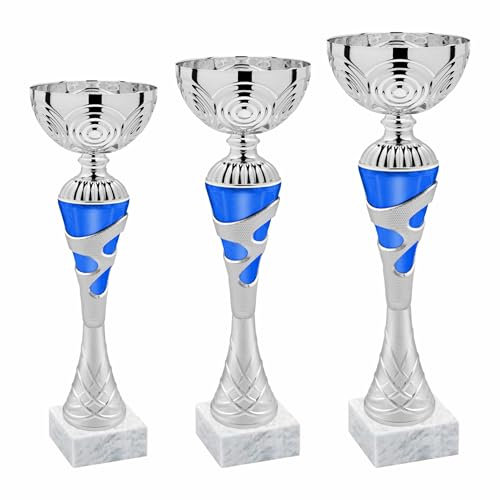 Tris Coppe Premiazioni – Set 3 Coppe Sportive 1°, 2° e 3° Posto in ABS con Base Marmo + Targhetta Personalizzata Omaggio