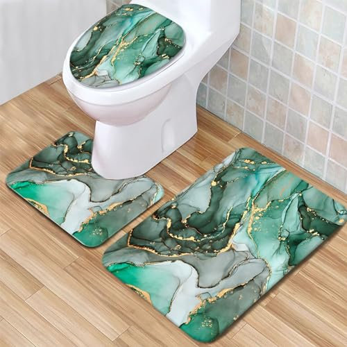 Bathroom Mat Sets 3 Piece Marble Green Pattern Bath and Toilet Mat Set Soft Absorbent Pedestal Bathmat Toilet Shower, Washable Anti-Skid Toilet Seat Cover Bath Mat Lid Cover