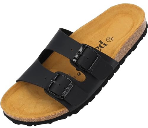 Palado Pantoletten Damen Milos Matt – bequeme Sandalen Made in Spain - Hausschuhe mit dämpfendem Kork-Fußbett - modische Sommerschuhe Schwarz Matt UK8 - EU41