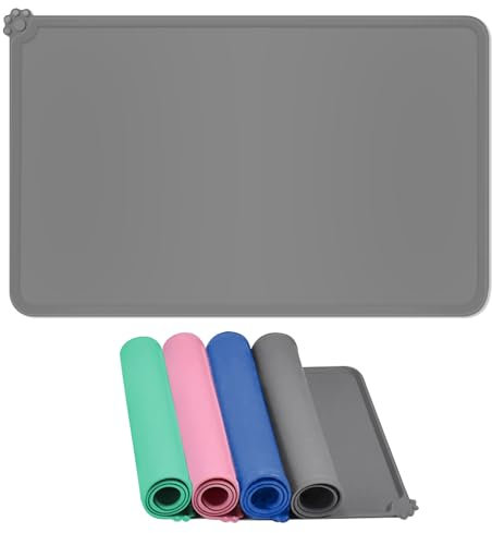 Waterproof Pet Feeding Mats with High Lips - Multiple Size and Colors, Silicone Mat, Nonslip Pet Food Mat for Dogs, Cats (Grey, 48 x 30cm)