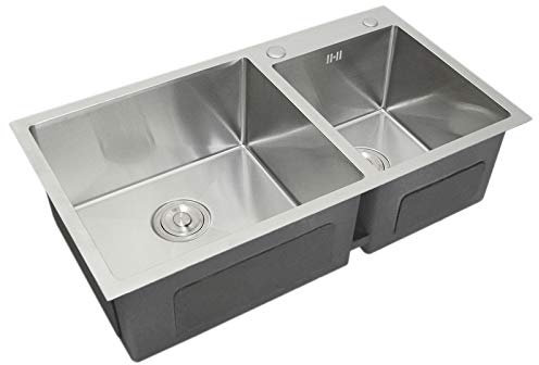 Fregadero de Cocina de Acero Inoxidable Tazón Doble Acabado Satinado Cuadrado Premium Hecho a Mano con Colador Tapón y Tubo de Desagüe