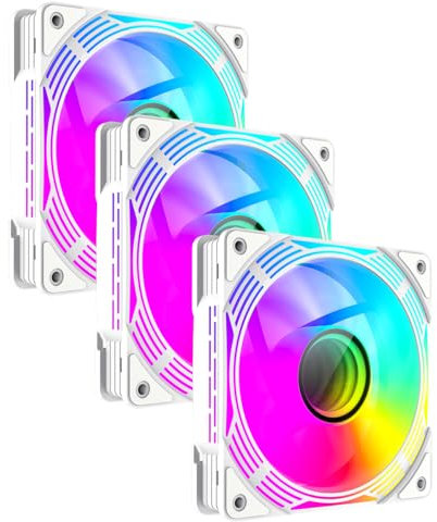 GameMax KF300R Trio 120mm Reversible Blades PC Case Fans White with Infinity Mirror Center ARGB Light Effect 5V 3pin Aura Sync 800-1600 RPM 4pin PWM - Suitable For PSU Shroud & Bottom Of The Chassis