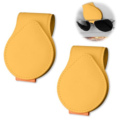 Lonimia Glasses Holder for Car, Leather Glasses Holder for Car, Pack of 2 Glasses Holders for Car Sun Visor, Leather Glasses Holder for Car, Ticket Cards Clip Glasses Holder Gifts for Friends (Yellow)