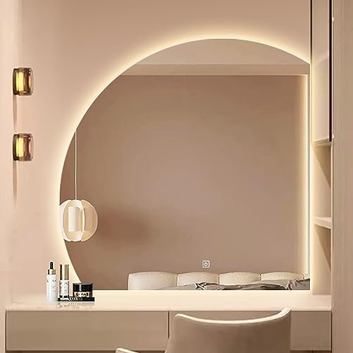 LLKUYTB Wandmontierter Badezimmerspiegel mit Touch-Schalter, Halbrunder dekorativer Spiegel mit LED-Beleuchtung, speziell geformter Halbrunder beleuchteter Kosmetikspiege 50 * 50cm