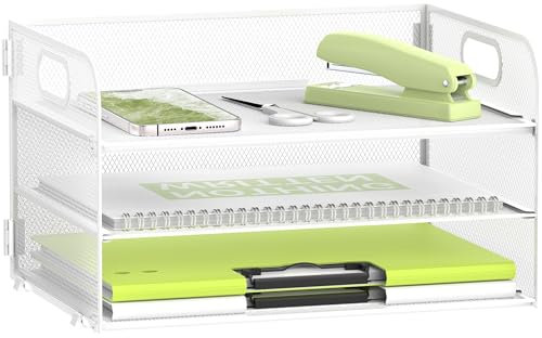 Restorgan 3 Tier Paper Organiser with Handle, Mesh Desk Organiser Letter Tray, Paper Tray Organizer for A4 File Folder, White