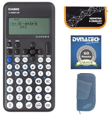 Casio FX-82 DE CW mit Jeans-Tasche hellblau, Zirkelset orange und Garantie