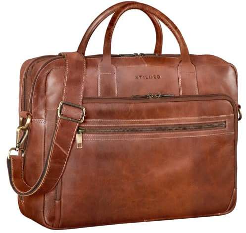 STILORD 'Dawson' Leder Aktentasche Umhängetasche mit Laptopfach 15,6 Zoll Vintage Bürotasche DIN A4 Notebooktasche Business Akten Tasche aus Echtem Leder Damen & Herren, Farbe:namibia - braun