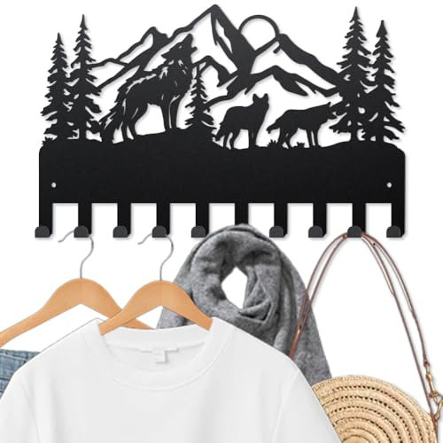 MAYJOYDIY Wolf Mountain Porte Manteau Mural Faune Crochet à Clés en Métal 40 × 25cm Nature Paysage Animal Noir Art Porte Clés avec 10 Crochets pour Cadeaux Manteaux Chapeaux Serviettes Sacs Suspendus