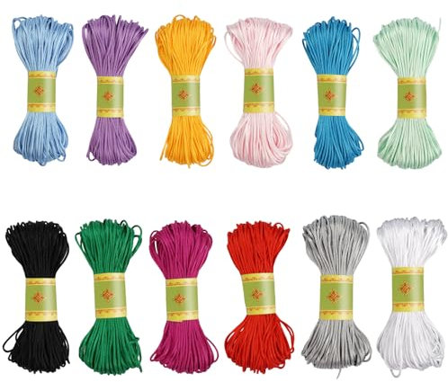TESSTSY 12 Pezzi 1.5mm Rattail Corda di Seta Corda di Filo per Braccialetti, Fili per Braccialetti Cotone Fai Da Te Filo Nylon, 12 Colorati Fili Cordoncino di Nylon per Collane, Braccialetti Fai Da Te
