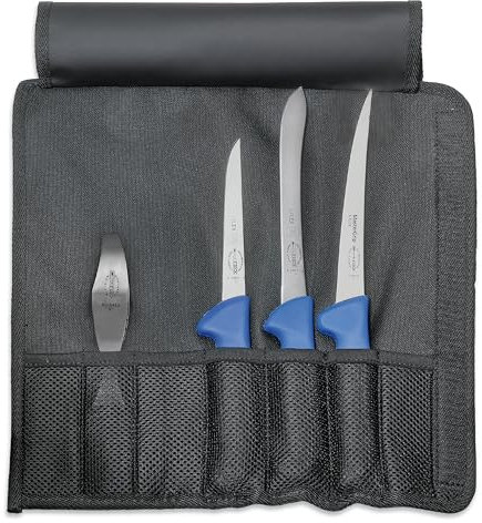 DICK Textil-Rolltasche Angler 4-tlg. (Maße 34,50 x 35,50 x 6 cm, mit Grätenpinzette, Ausbeinmesser und zwei Filetiermesser, Farbe Blau, Anglermesserset) 82461000