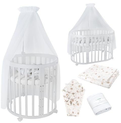 Waldin Oval Baby-Bett Mitwachsend Komplett Set 7in1, Gitterbett, Kinderbett mit Matratze, Wickelkommode, Beistellbett, Holz Weiß, Stoffe Weiß Löwenzahn