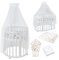 Waldin Oval Baby-Bett Mitwachsend Komplett Set 7in1, Gitterbett, Kinderbett mit Matratze, Wickelkommode, Beistellbett, Holz Weiß, Stoffe Weiß Löwenzahn