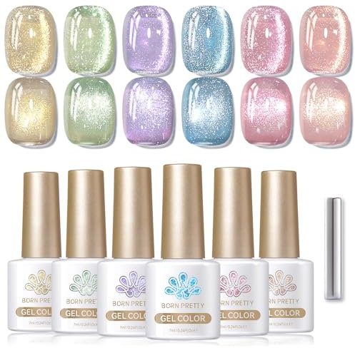 BORN PRETTY Magnetic Gel Nail Polish, 6 Colours Jelly Nude Pink Blue Green Cat Magnetic Gel Polish with Magnet Soak-Off U V/LED Candy Sweet Colors Iridescent Gel Set for Nail Art Salon DIY Home