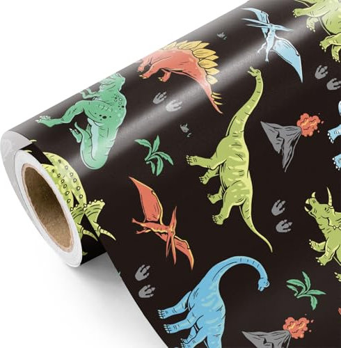WRAPAHOLIC Dinosaurier-Geschenkpapier – Mini-Rolle – 43,2 cm x 5,2 m – Vulkan-Dino Geschenkpapier, perfekt für Kinder, Jungen, Babypartys