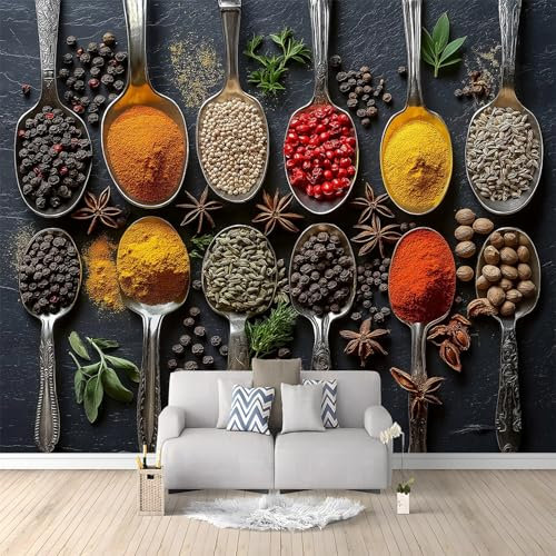 Photo Wallpaper 300 x 210 cm 3D Effect Murals Wallpaper Modern Kitchen Spices Poster Wallpaper Decoration for Bedroom Dining Room Kitchen and kidsroom Dark Art Mural Wallpaper