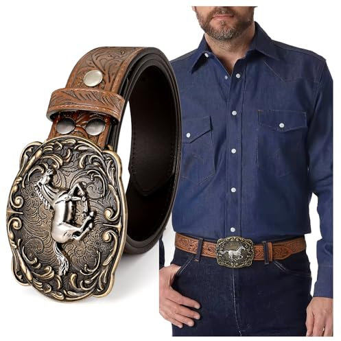 SANSTHS Western Leder Schnalle Gürtel für Männer Frauen Cowboy Herren Ledergürtel für Jeans Herrengürtel Geschenke Trachtengürtel Westliche Gürtelschnalle Pferd Kaffee S