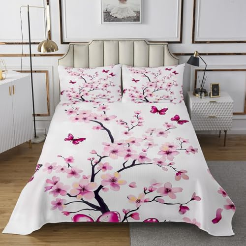 Homewish Couvre-Lit 260x240 Sakura Dessus de Lit Printemps Élégant Fleur Papillon Couverture de Lit Femme,Fille Style Japonais Couette Plante Pollen Violet