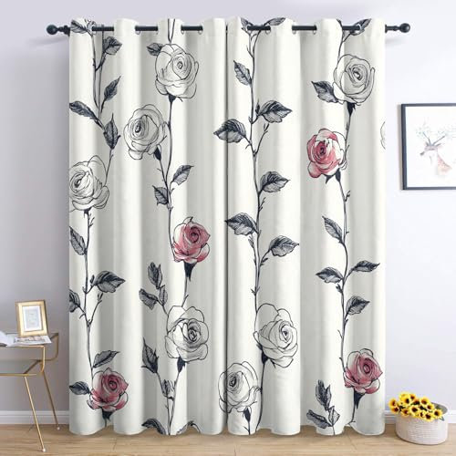 Rose Flower Blackout Curtains for Bedroom Living Room, Floral White Curtains 66 x 54, Thermal Insulated Noise Reduction Eyelet Window Treatments 54 Drop, 2 Panels Drapes