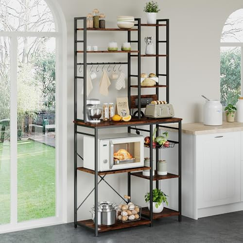 Warmiehomy Kitchen Bakers Rack with Power Outlet, 7-Tier Industrial Kitchen Storage Standing Shelf Unit Utility Organizer for Microwave, Coffee, Spices, Pots and Pans, 91.5cm x 37cm x 183cm
