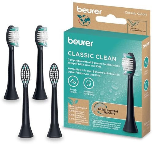Beurer SC Classic Clean Bürstenköpfe für elektrische Zahnbürste, 4 Ersatzbürsten für Philips Sonicare Schallzahnbürsten, W-förmige Indikatorborsten, Härtegrad Mittel