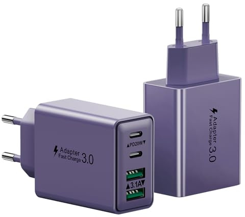 2-Pack Caricatore USB C Rapido, 4-Porto Presa USB Multipla PD+ QC 3.0 Carica Spina, Alimentatore USBC Caricabatterie per iPhone 17 16 15 14 13 12 11 Pro Max, iPad, Samsung S25 S24 Spinotto Adattatore